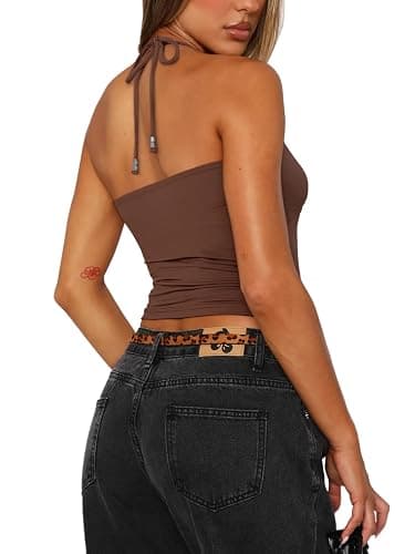 REORIA Women's Sexy Halter Backless Double Lined Tank Top Y2k Trendy Camisole Crop Tops thumbnail 2