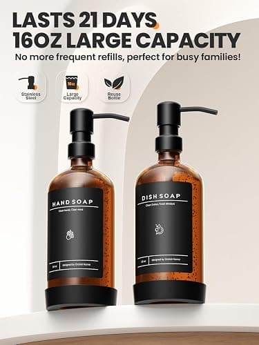 [Luxury] Kitchen Soap Dispenser Set - 16OZ Amber Glass Bottle, Stainless Steel Pump, Instant Dry Tray, Waterproof Labels, Non-Slip Silicone Pad, and Dish Brush | Upgrade for Your Kitchen and Bathroom thumbnail 3