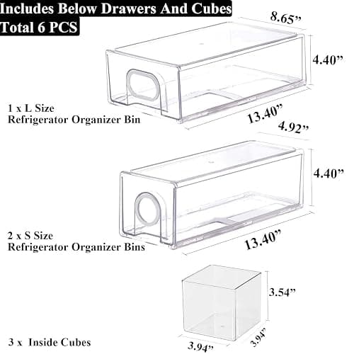 6 PCS Refrigerator Organizers And Storage Stackable Storage Drawers, Large Heavy Duty Fridge Organizer Bins Pull Out Refrigerator Organizer Bins, White Handle, 3 Drawers And 3 Small Cubes thumbnail 2