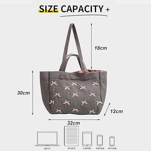 Umimss Preppy Y2K Bow Tote Handbag - Gray-Pink Puffer Aesthetic Large Shoulder Hobo for School, Fashion and Travel thumbnail 4