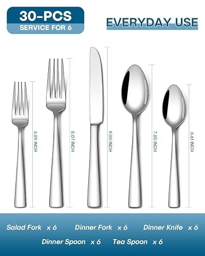 Stapava 30 Piece Silverware Set, Food-Grade Stainless Steel Flatware Sets for 6 Mirror Polished Cutlery Utensil Sets Include Dinner Knives Spoons and Forks Set Dishwasher Safe for Home Restaurant thumbnail 3
