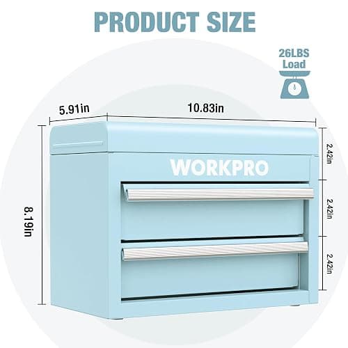 WORKPRO Mini Metal Tool Box with 2 Drawers and Top Storage, Small Tool Chest with PVC Liners and PP Feet Pads, Cold Rolled Steel Toolbox with Magnetic Tab thumbnail 4
