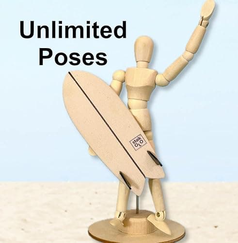 CRAFTED INGENUITY The Stokies Wooden Surf Art Figurine – 5.5” Posable Surfer with 4.5” Twin-Fin Fish Surfboard | Retro Surf Decor, Coastal Home Display, Unique Surfer Gift thumbnail 7