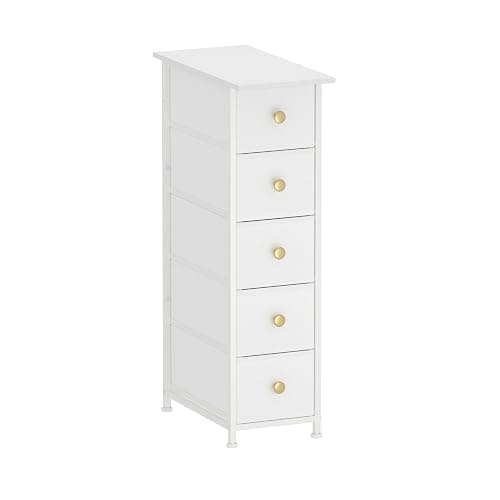 GiftGo Narrow Dresser Cabinet Vertical Slim Dresser Chest of Drawers Skinny Storage Tower for Small Spaces Gaps Closet Bedroom Bathroom Small Fabric Drawer Unit (White, 5 Drawers) - Image 1