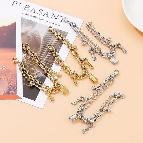 14k Yellow Gold Locking Bracelet With Key For Women, Key Lock Bracelets Joyas De Beads Chain Charm Bracelets, Lock Bracelet And Key Jewelry For Couples thumbnail 4