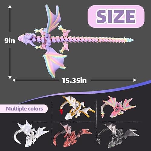 WUQIREN 3D Printed Dragon with Wings, 3D Printed Animals Toys, Fidget Dragon Toys, Flexible Articulated Winged Crystal Dragon Model, Desktop Pet Decor, Dragon Gift for Kids & Adult (Random-Rainbow) thumbnail 2