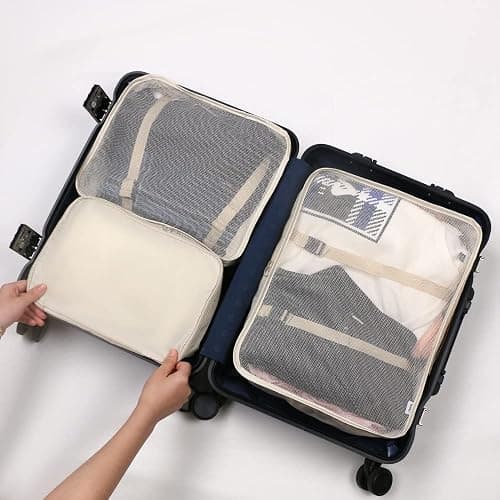 OSDUE Koffer Organizer Set 8-teilig, Packing Cubes, Wasserdichte Reise Kleidertaschen, Packtaschen für koffer, Verpackungswürfel mit Kosmetiktasche, Schuhbeutel, USB Kabel Tasche (Beige) thumbnail 7