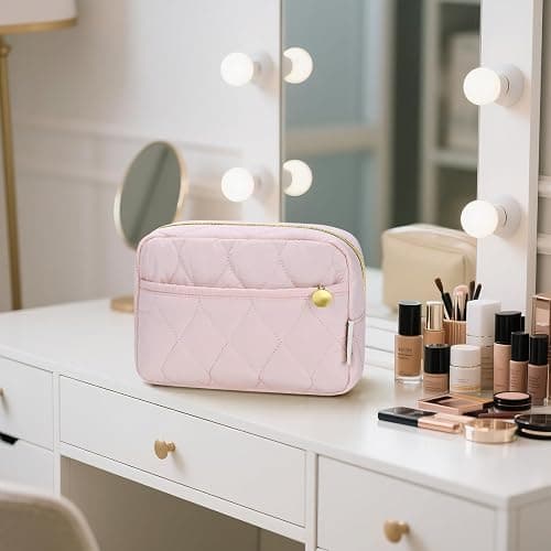 Noozion Makeup Bag, Travel Cosmetic Bag, Puffy Padded Make Up Bag for Women, Makeup Organizer Case, Wide-open Pouch Purse, Travel Essentials - Pink thumbnail 2