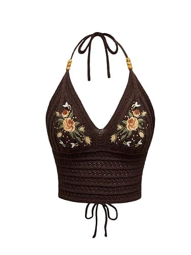 Verdusa Women's Y2k Halter Tops Gothic Clothes Summer Going Out Tops Crochet Cami Tie Boho Cowgirl Outfits - Image 1