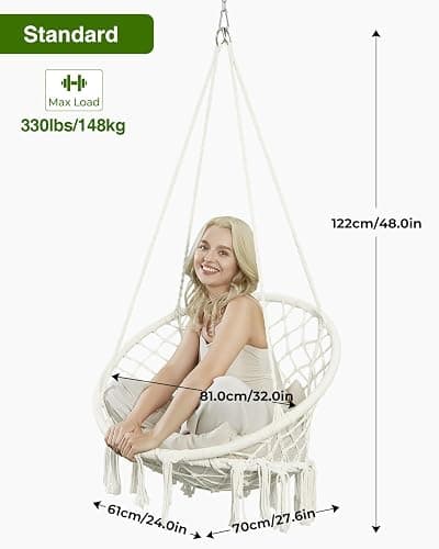 Greenstell Hammock Chair, Macrame Swing Chair with Comfy Cushion, Boho Hanging Chair for Outdoor & Indoor, Perfect for Bedroom, Patio, Balcony, Hold up to 330Lbs, White thumbnail 3
