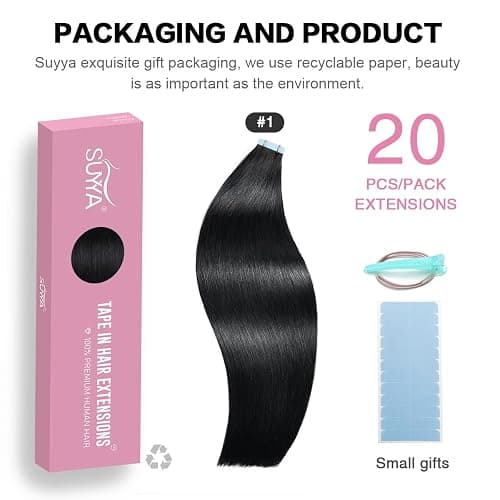 SUYYA Tape in Hair Extensions Human Hair Jet Black 30 Inch 60g/pack 20pcs Straight Seamless Skin Weft Tape in Real Human Hair Extensions (30 inch #1 Jet Black) - Image 1