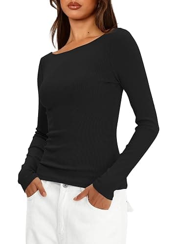 Darong Womens Long Sleeve Boat Neck Top Sexy Backless Slim Fit Basic Tee T-Shirt Ribbed Knit Going Out Tops thumbnail 3