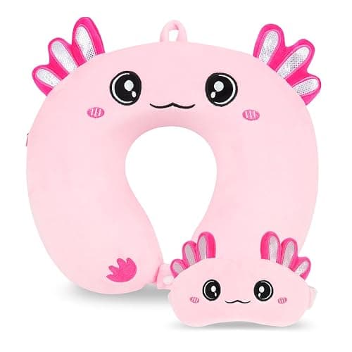 Travel Pillow, Kids Travel Pillow with Sleep Eye Mask Soft Memory Foam Kids Neck Pillow for Boys & Girls, Travel Accessories for Car Airplane Traveling - Axolotl - Image 1