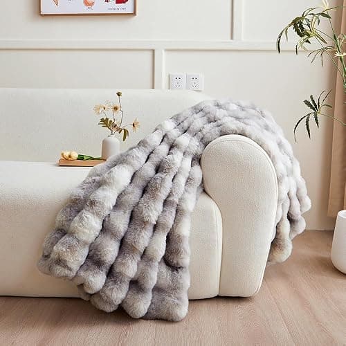 chovy Gray White Blanket for Couch - Bread Grid Rabbit Plush Soft Warm Blanket for Sofa Livingroom Bedroom Dorm Decor - 90x102 Inches thumbnail 2