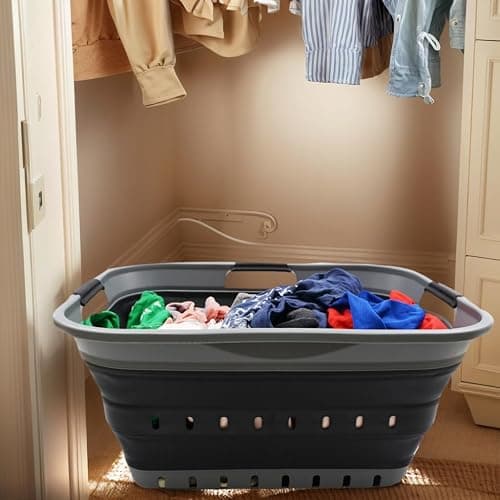 SAMMART 42L Collapsible Plastic Laundry Basket - Foldable Pop Up Storage Container/Organizer - Space Saving Hamper/Basket (1, Grey/Black) thumbnail 4