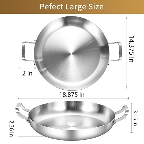 Inqibee 14 Inch Tri-Ply Stainless Steel Paella Pan with Lid,Large Skillet,Omelet,Griddle,Induction Cooking Pan,Dishwasher and Oven Safe. thumbnail 3