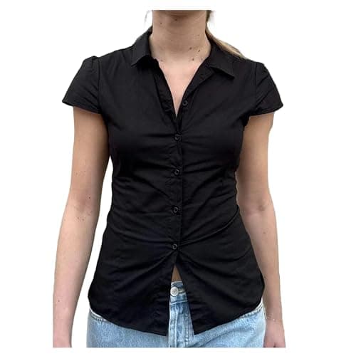 Women Y2k Short Sleeve Button Down Shirts Casual V Neck Button Up Top Vintage Slim Fit Collared Going Out Blouse - Image 1