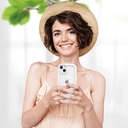 Anuck for iPhone 13 Case Wavy Edge Clear Back Design, Anti-Slip Grip Cute Wave Curly Frame Shape Shockproof Soft TPU & Hard Bumper Protective Phone Case Cover for Women Girls, White thumbnail 6