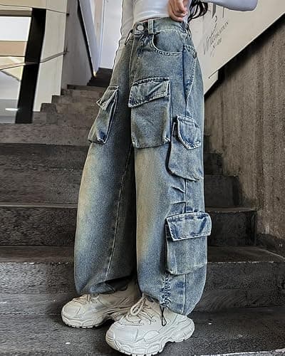 AOWKULAE Girls Jeans Cargo Pants Baggy Wide Leg High Elastic Waistband Kids Straight Denim Pant with Pockets 5-14Y thumbnail 3