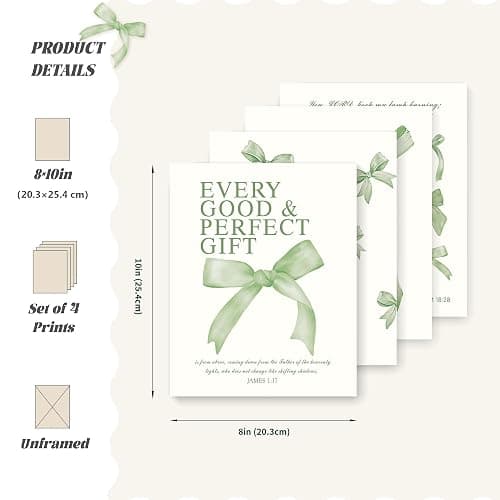 LARTSFRO Coquette Sage Green Bow Wall Art Decor Posters, Sage Green Bow Room Bedroom Bathroom Dorm Wall Art Decor Aesthetic for Teen Girls Gifts, Inspirational Bible Verses Bow Wall Decor, 10x8 Inch Set of 4 Pcs Bow Pictures (UNFRAMED) thumbnail 2