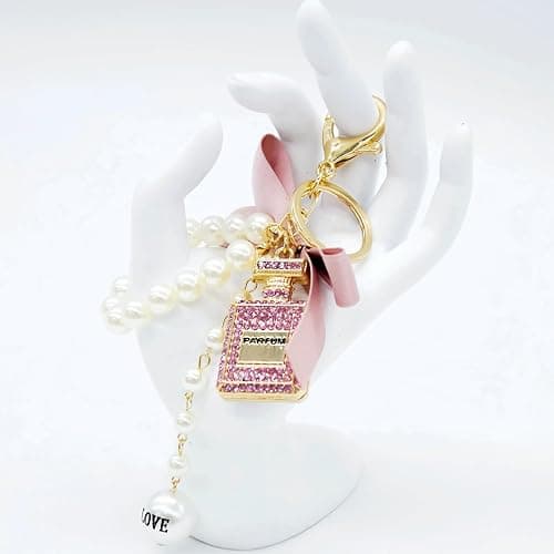 KASTANNY Elegant Pink Bow Keychain Set with Perfume Style Pendant, Luxury Perfume Bottle Shaped Pearl Keychain, car accessories for women or Bow Handbag Charms thumbnail 7