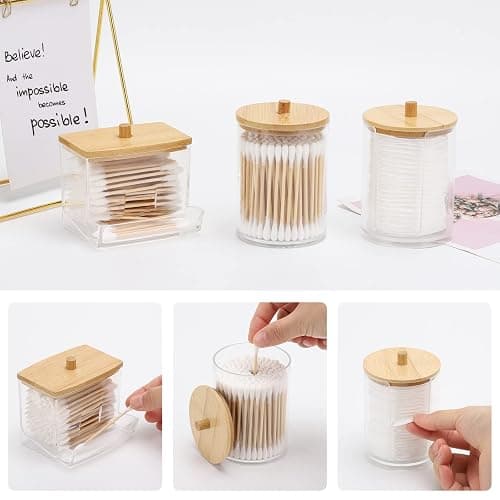 Tbestmax Bathroom Organizer Accessories Set-10 OZ Qtips Holder Storage with Bamboo Lids, Cotton Ball/Swabs Dispenser, Apothecary Container Jar 3 Pcs thumbnail 4