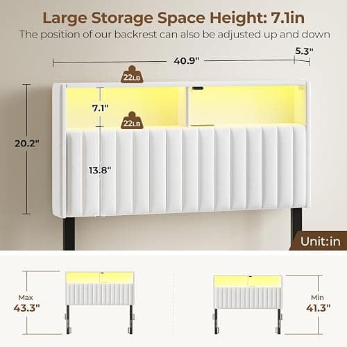 Rolanstar Headboard for Twin Size Bed with Storage, Head Board with USB & Type C Port, 60,000 DIY Color of LED Light, Velvet Upholstered, Height Adjustable, Sturdy, Easy Assembly, White thumbnail 2