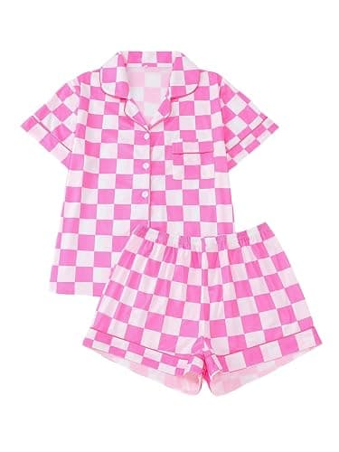 SOLY HUX Women's Satin Pajamas Summer 2 Piece Plaid Button Down Shirt Short Loungewear PJs Set - Image 1