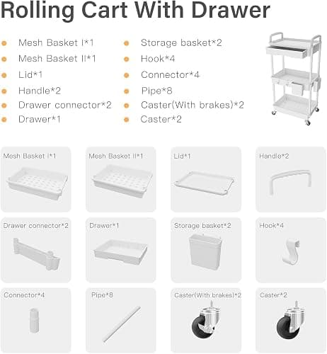 Sorgion 3 Tier Rolling Cart Organizer,Laundry Room Bathroom Organizers and Storage Office Shelves Mobile Shelving Unit Kitchen Trolley Cart with Wheels for Art,Craft,Diaper,Bedside,Snack(White) thumbnail 7