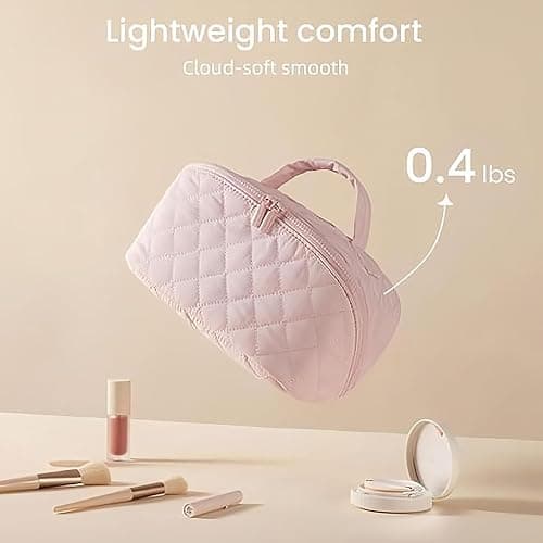 YUMEYPLEMI Petition Makeup Bag, Travel Makeup Bag Quilted for Woman, Wide Open Lay-Flat Water-Resistant Cosmetic Bag (Pink) thumbnail 2
