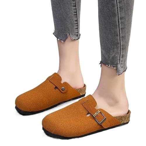 VRNCLR Sandals Women Mules Slippers Retro Low Heel Suede Leather Sandals Solid Color Women Light Slipper Clogs (Color : Dark Brown, Size : 9) thumbnail 3