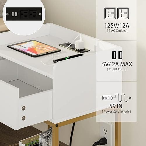 Masupu Nightstand with Charging Station,3-Tier Modern Bedside Night Stand with Storage Drawer and Shelf,Small End Side Table for Bedroom,Living Room,White thumbnail 4