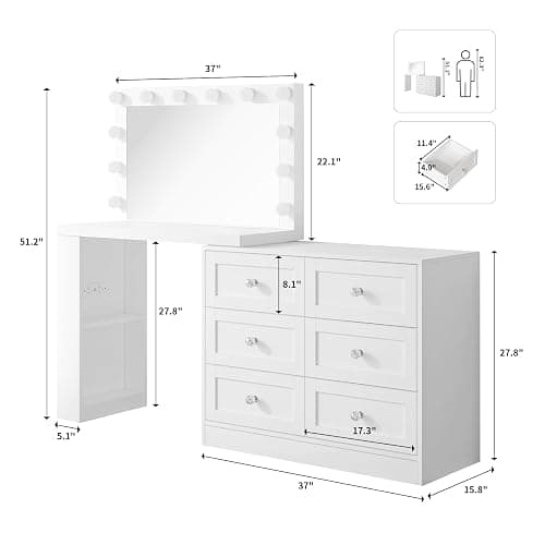 VOWNER Vanity Desk and Dresser Combo, Extendable Makeup Vainty with with Lighted Mirror & Power Outlet, Wood Corner Vanity with 6 Drawer Dresser, Makeup Table for Women, Bedroom Dressing Table(White) thumbnail 2