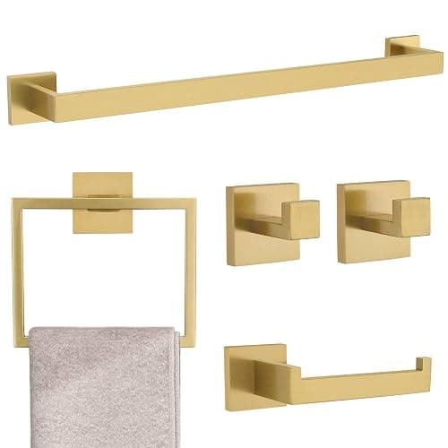 Brushed Gold 5 Pieces Bathroom Hardware Accessories Set Towel Bar Set Towel Holder Racks Set for Bathroom,SUS304 Stainless Steel,Wall Mounted 23.6-Inch - Image 1