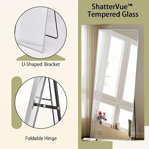 BEAUTYPEAK Full Length Mirror with Stand, 56"x21" Floor Mirror with Aluminum Alloy Thin Frame, ShatterVue Tempered Full Body Mirrors, Free Standing or Wall-Mounted Mirrors for Living Room, Silver thumbnail 4