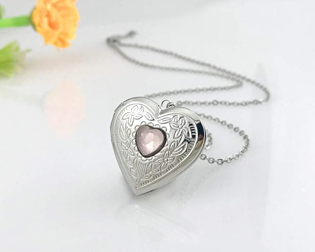 Birthstones Locket Necklace that Holds Pictures Love Heart Photo Locket Crystals Necklace Pendant Birthday Gifts thumbnail 4