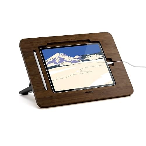AFOOYO Bamboo Tablet Stand - Portable & Adjustable 5 Angles,Laptop Riser,Book Reading Stand,Compatible with 9.7/10.2/10.5/10.9/11 inches (Walnut Varnish) - Image 1