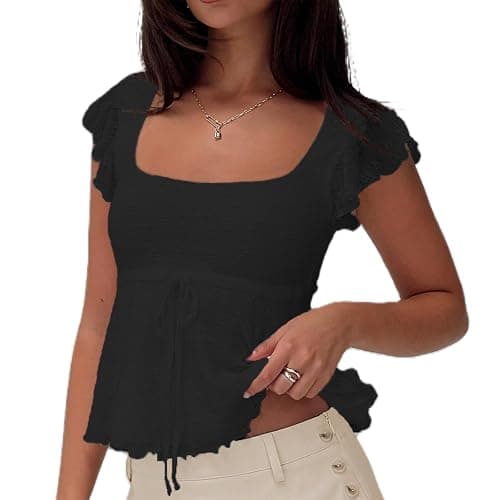 Women Square Neck Peplum Top Y2k Cap Sleeve Layered Ruffle Trim Printed Top Lace Up Slim Fit Solid Color Shirt - Image 1
