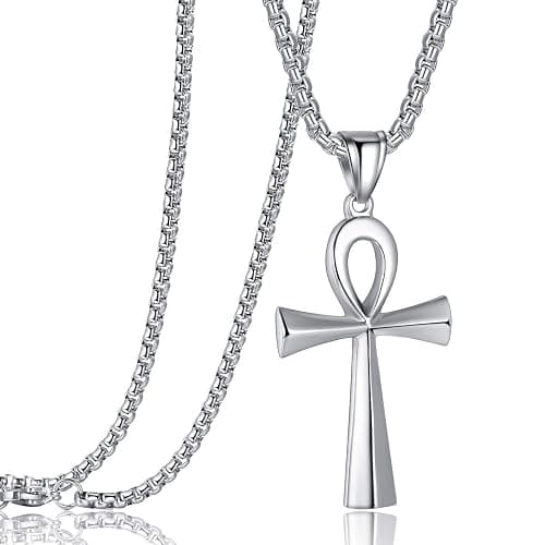 Ancient Egyptian Coptic Ankh Cross Pendant Necklace for Women Men 24" Chain | Ankh Cross Pendant 24 Inch Stainless Steel Chain Colour:Black Gold Silver - Image 1
