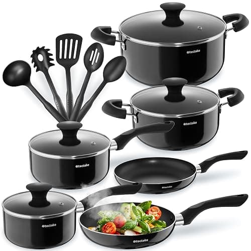 tectake® 15tlg Set mit 5x Küchenhelfer, 2x Pfanne, 4x Topf, jeweils mit Deckel, Kochtopf Set Antihaft Beschichtung, Töpfe + Pfannen aus Aluminium, Zubehör für Haushalt, Camping und Küche - Image 1