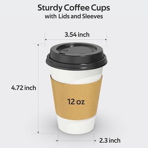 Dealusy 100 Pack 12 oz Disposable Coffee Cups with Lids and Sleeves, Sturdy Thick Paper & Leak-free Insulated to Go Paper Hot Coffee Cups with Sip Lids for Hot & Cold Beverage | with Lids, and Sleeves, Sturdy, Leak-free, Insulated, to Go Coffee Cups thumbnail 3