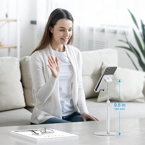 Cell Phone Stand, OMOTON Angle Height Adjustable Phone Stand, Aluminum Desktop Phone Holder Dock Stand for Desk, Compatible with iPhone 17 Pro Max, All Smartphones and Tablets(4-11''), Sliver thumbnail 5