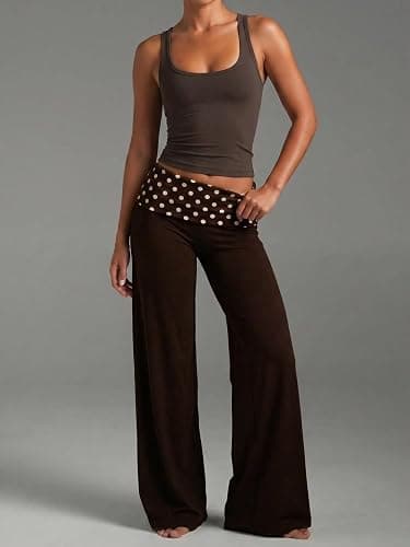 TELUPDI Womens Polka Dot Fold Over Yoga Pants Low Rise Wide Leg Flare Leggings Bell Bottom Lounge Y2K Foldover Pants thumbnail 9