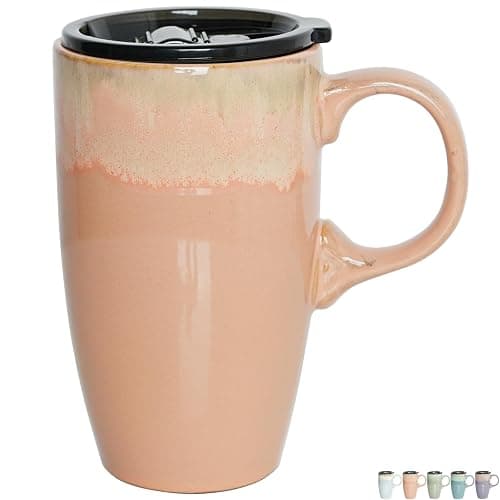 Bosmarlin Ceramic Travel Coffee Mug with Handle and Lid, 18 oz, Portable Coffee Cup for Car Cup Holder, Microwave and Dishwasher Safe, Reactive Glaze (Light Orange) - Image 1