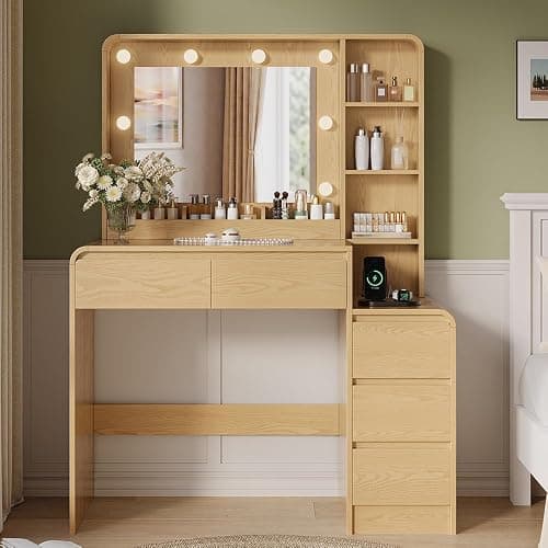 TOKSOM Vanity Table with Drawer Dresser, 39.3”Farmhouse Vanity Makeup Desk with Charging Station, Vanity Desk with Lights Mirror & 5 Drawers for Makeup, Vanity Desk with Multi Storage Shelves Natural thumbnail 3