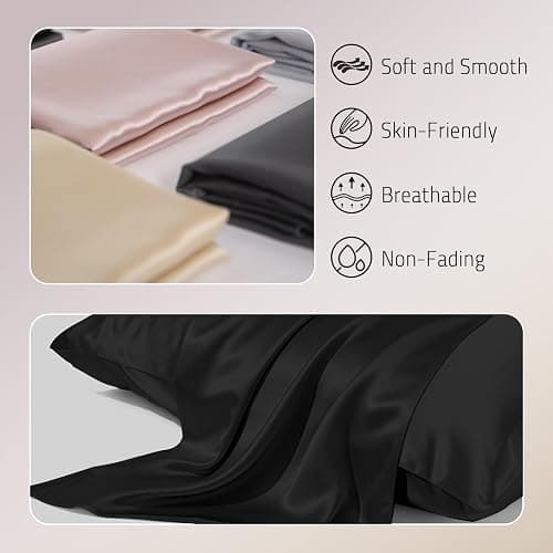 Gabire Mulberry Silk Pillow Cases Set of 2, Both Sides Real Silk Pillowcase for Hair and Skin Prevent Acne Pillowcase Organic Silk Pillowcase 2 Pack with Hidden Zipper, Black, Standard (20"×26") thumbnail 2