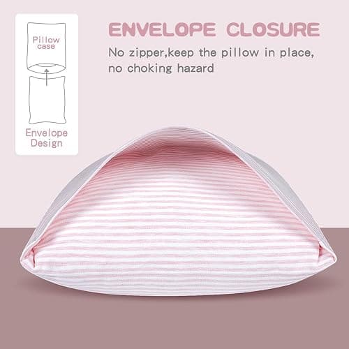 Zenssia Organic Cotton Toddler Pillowcase/Travel Pillowcase Pack of 2 Set 13x18 Inches with Envelope Closure - Soft & Breathable Baby Pillow Case Cover Pink Stripe thumbnail 5