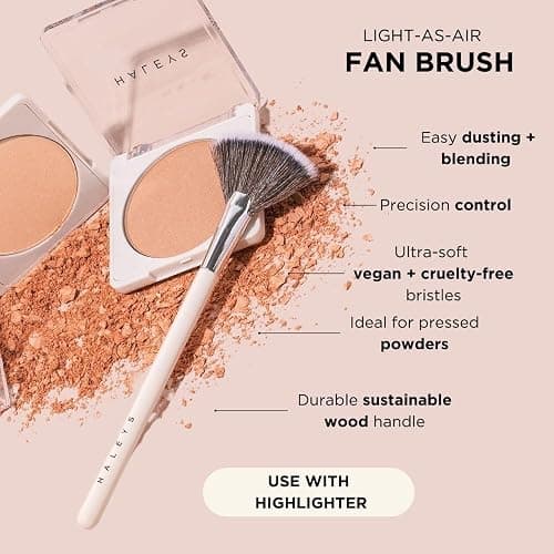 HALEYS Fan Brush VEGAN+CRUELTY-FREE, Sustainable Wood, Vegan Bristles for Airbrushed Finish, For highlighter application, Streak-free, Perfect Blending, Blurs, Smooths with Control - Fan Brush thumbnail 2