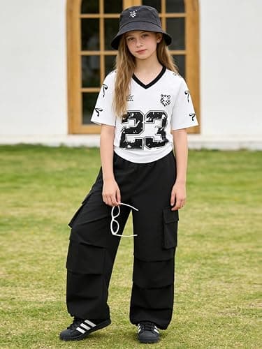 Afsmlys Tween Girls Clothes Short Sleeve Graphic T-Shirt Top + Cargo Pants 2pcs Outfit Set, Size 7-15Years thumbnail 5