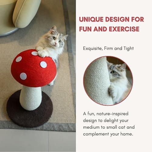 Mushroom Cat Scratching Post - Unique Design, Sisal-Wrapped, Ideal for Medium and Small Cat, Cat Scratcher Cute with 100% Sisal Covered Scratching Post, Mushroom Cat Post for Indoor Cats thumbnail 3